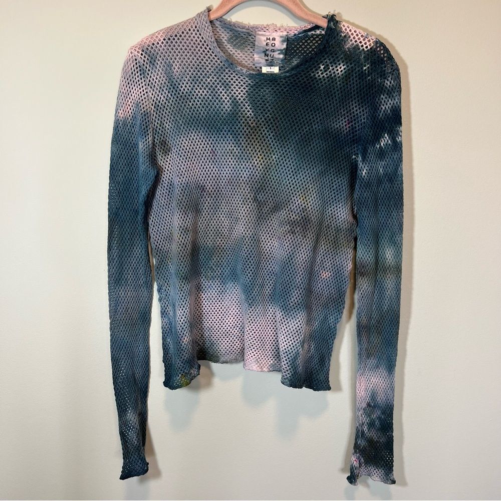 Heyne Bogut Women’s Purple Blue Tie Dye Open Knit Long Sleeve Sweater Top
